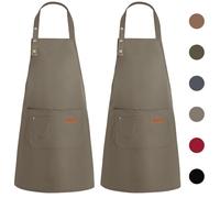 WenYa 2 Pack Kitchen Apron for Women, Unisex Adjustable Cooking Aprons with Pockets, Canvas Waterproof Apron for Home Kitchen, Restaurant, Coffee House (Khaki)