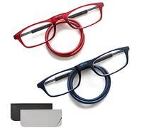 WenYa 2 Pairs Magnetic Reading Glasses with Adjustable Temples, Hanging Neck Foldable Reading Glasses for Women and Men Unisex Readers (Red, Blue, 3.0, Dioptres)