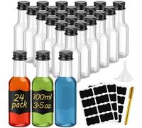 WenYa 24 Pack Mini Liquor Bottles, 100ml Empty Small Plastic Bottle with Lids (Leak Proof Black Screw Caps), Reusable Miniature Alcohol Bottles with Labels Funnel for Weddings Parties