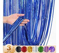 WenYa 3 Pack Blue Foil Fringe Curtains Party Decorations, 3.3ft x 6.6ft Glitter Fringe Rain Curtain, Photo Booth Backdrop Tinsel Curtain Streamer for Wedding Christmas New Year Celebration Party