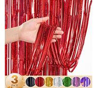 WenYa 3 Pack Red Foil Fringe Curtains Party Decorations, 3.3ft x 6.6ft Glitter Fringe Rain Curtain, Photo Booth Backdrop Tinsel Curtain Streamer for Wedding Christmas New Year Celebration Party