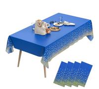 WenYa 4 Pack Disposable Party Table Cloth, Blue and Gold Dot Waterproof Tablecloth, 54" x 108" Rectangle Party Tablecloth for Kids Birthday Party, Picnic, Weddings