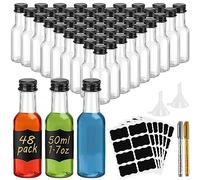 WenYa 48 Pack Mini Liquor Bottles, 50ml Empty Small Plastic Bottle with Lids (Leak Proof Black Screw Caps), Reusable Miniature Alcohol Bottles with Labels Funnel for Weddings Parties
