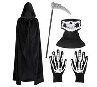 WenYa Grim Reaper Costume, Scary Halloween Costume, 4Pcs Grim Hooded Cape Sets with Skeleton Mask Skeleton Gloves Grim Reaper Scythe for Halloween Cosplay Outfits Party