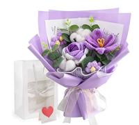 WenYa Handmade Crochet Flower Bouquet, Purple Knitted Rose & Cotton Arrangement, Everlasting Artificial Flowers for Birthday, Graduation, Wedding, Gift for Her Mum