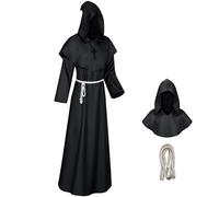 WenYa Monk Costume Set for Adults, Complete Medieval Priest Robe with Detachable Hood, Adjustable Rope Belt and Wooden Cross Necklace for Halloween Cosplay and Renaissance Themed Events-L