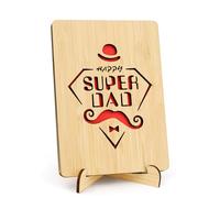 WenYa Wooden Father's Day Card, Handmade Bamboo Happy Super Dad Greeting Card with Stand & Envelope, Unique Keepsake Card for Dad from Kids, Son, Daughter