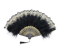 WENYAZIGUO Folding Hand Fan, Black Gold Edge Embroidered Vintage Feather Folding Hand Fan For Wedding Costume Dancing