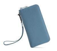 WENYOG Passport Holder Travel Wallet Women Wallet Genuine Leather Long Removable Wrist Strap Purse Luxury Cowhide Card Holder Clutch for Bag(Blue)