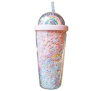 Wenyounge 550 ml Creative Rainbow Plastic Water Bottle Double Layer Shiny Quicksand Sequins Kawaii Drinking Cup with Straw Lid Cup