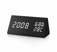 WENZPING Digital Alarm Clock, Wooden Electronic LED Time Display & Temperature Humidity Detection, 3 Alarm Settings, 3 Level Brightness Wood Made Electric Clocks for Home Bedroom Office (black)