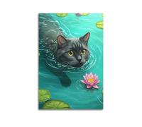WEOFURBL Cat Swimming in The Lotus Pond Poster Poster Decorative Painting Canvas Wall Posters And Art Picture Print Modern Family Bedroom Decor Posters 24x36inch(60x90cm)