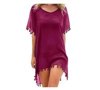 WEOKDFHA Bikini Cover Up Chiffon Tassels Beach Wear Women Swimsuit Cover Up Swimwear Bathing Suits Summer Mini Dress Loose Solid Cover Ups(Burgundy)