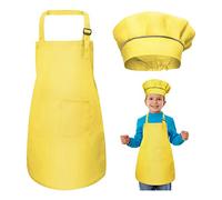 WEONE Kids Apron and Chef Hat Set, Adjustable Children Apron with 2 Pockets for Boys Girls, Toddler Chef Apron Kitchen Garden Bib Aprons for Cooking Baking Painting Crafting (7-13 Year) (Yellow)
