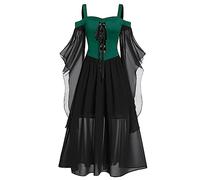 WEOPLKIN Plus Size Green XL Off-The-Shoulder A-line Medieval Dress for Women with Long Sleeves and High Waist