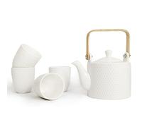 WEOPYCJ Asian Tea Set, Japanese Ceramic Porcelain Tea Sets Tea Pot Set with 1 Teapot 30oz 4 Cups 6oz 1 Stainless Infuser for Tea Lover (White)