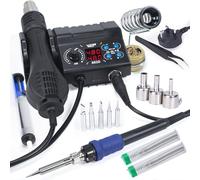 WEP 882D Soldering Iron Station 2-in-1 SMD Hot Air Soldering Station with 2 Spools of Solder Wire, 5 Soldering Tips, 3 Hot Air Nozzles, Brass Wool Tip Cleaner, Tweezers, Desoldering Pump (UK Plug)