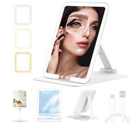 WEPPGO Travel Makeup Mirror with Light, Portable Folding Make Up Tabletop Mirror with 3 Colors Light Modes & 10X Magnifying Mirror, Rechargable Vanity Mirror with Adjustable Stand