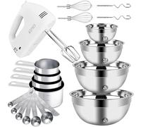 WEPSEN Hand Mixer Electric Mixing Bowls Set, 5 Speeds Handheld Mixer with 4 Nesting Stainless Steel Mixing Bowl, Measuring Cups Spoons 200W Kitchen Blender Whisk Beater Baking Supplies For Beginner