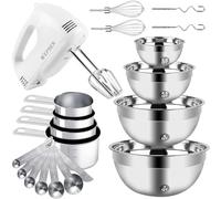 WEPSEN Hand Mixer Electric Mixing Bowls Set, 5 Speeds Handheld Mixer with 4 Nesting Stainless Steel Mixing Bowl, Measuring Cups Spoons 200W Kitchen Blender Whisk Beater Baking Supplies For Beginner