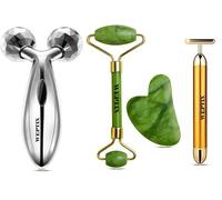 WEPTIX® 3D Manual Roller Face Body Massager With And Anti Aging 100% Natural Jade Stone Roller Msagger With Gua Sha Tools, T-Shape Golden Energy Beauty Bar Electric