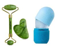 WEPTIX® 3D Manual Roller Face Body Massager With And Anti Aging 100% Natural Jade Stone Roller Msagger With Gua Sha Tools for Face and Body Massager- (3D.+Stone..,) (Stone+ blue new)