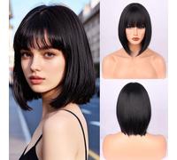 Wepwcod Black Bob Wigs for Women Short Bob Wigs with Fringe for Women Shoulder Long Bob Synthetic Wigs with Fringe for Daily Party Cosplay Use