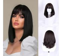 Wepwcod Dark Brown Bob Wigs for Women Short Bob Wigs with Fringe for Women Shoulder Long Bob Synthetic Wigs with Fringe for Daily Party Cosplay Use