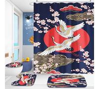 WEQEER 4-Piece Japanese Ukiyoe Shower Curtain Sets, Cherry Blossom Wave Shower Curtain with Doormat, Bath Mat, Toilet Mat, 12 Hooks (3.120 x 200 cm)