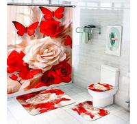 WEQEER 4-Piece Rose Shower Curtains Set, Vintage Flowers Shower Curtain, Flower Rose Shower Curtain, 4-Piece Set, 100% Polyester Waterproof (6.200 x 240 cm)