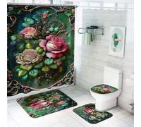 WEQEER 4-Piece Rose Shower Curtains Set, Vintage Flowers Shower Curtain, Flower Rose Shower Curtain, 4-Piece Set, 100% Polyester Waterproof (8.120 x 200 cm)