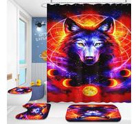 WEQEER 4-Piece Wolf Shower Curtain, Forest, Moon, Wolf Shower Curtain, 180 x 200 cm, Anime Wolf Waterproof Polyester Fabric Bathroom Curtain with 12 Hooks (7.180 x 200 cm)