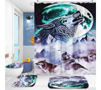 WEQEER 4-Piece Wolf Shower Curtain, Forest, Moon, Wolf Shower Curtain, 180 x 200 cm, Anime Wolf, Waterproof Polyester Fabric Bathroom Curtain with 12 Hooks (5.120 x 200 cm)