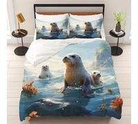 WEQEER Seal Bed Linen 135 x 200 cm, Cute Seals, Animals, 3D Printed Duvet Cover Set, Microfibre Bed Linen + 2 Pillowcases for Children, Boys, Girls (7, Single 140 x 210 cm)