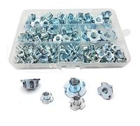 WeqeYent 115 Pcs M4/M5/M6/M8/M10 Four Pronged T Nuts Kit, Metal Claw Nut 4 Pronged Threaded Inserts, Zinc Plated Carbon Steel Tee Nuts for Woodworking Furniture