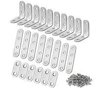 WeqeYent 24Pcs Corner Brace Sets, L Shaped Corner and Straight Brackets Sets, Joint Stainless Steel Right Angle Bracket, Fastener for Wood Chair Bookshelf Board Window Furniture Brackets(Silver)