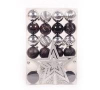 WeRChristmas 26-Piece Deluxe Variety Christmas Tree Baubles Decoration Pack with Topper and Beads, Black/Silver