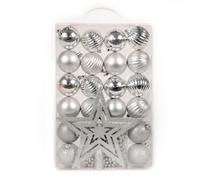 WeRChristmas 26-Piece Deluxe Variety Christmas Tree Baubles Decoration Pack with Topper and Beads, Silver