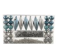 WeRChristmas 32-Piece Deluxe Variety Christmas Tree Baubles Decoration Pack with Tinsel and Beads, Blue/Silver