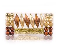 WeRChristmas 32-Piece Deluxe Variety Christmas Tree Baubles Decoration Pack with Tinsel and Beads, Brown/Gold