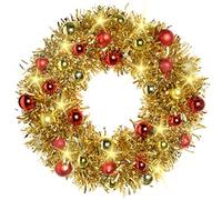 WeRChristmas 36 cm Pre-Lit Tinsel Wreath with Baubles 20-LED Lights Christmas Decoration, Gold/ Red
