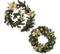 WeRChristmas 60 cm Pre-Lit Wreath 9 ft Pre-Lit Garland Christmas Decoration, Gold Glitter