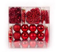 WeRChristmas 60-Piece Deluxe Variety Christmas Tree Baubles Decoration Pack with Tinsel and Beads, Red