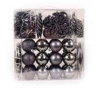 WeRChristmas 60-Piece Deluxe Variety Christmas Tree Baubles Decoration Pack with Tinsel and Beads, Silver/Grey