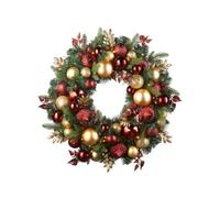 Werchristmas 76 Cm Pre-Lit Artificial Christmas Wreath With Burgundy And Gold Baubles, 60 Warm White Leds
