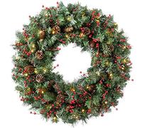WeRChristmas Luxury Pre-Lit Pine & Berry Wreath with 50 LED Lights & Timer Function, Multi-Colour, 2.5 feet/75cm