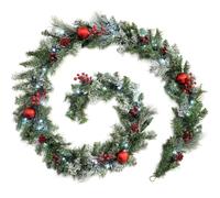 WeRChristmas Pre-Lit Frosted Decorated Garland Illuminated with 40 Cool White LED Lights, Red, 9 feet