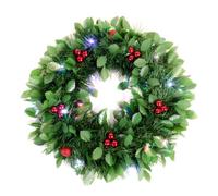 WeRChristmas Pre-Lit Tinsel Wreath with Berries 20-LED Lights Holly Leaf Christmas Decoration, 46 cm - Green