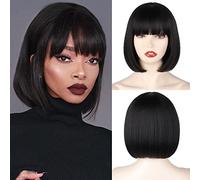 WERD Black Bob Wig Short Black Straight Bob Wig with Bangs 10 Inches for Natural Women Looking for Daily Use