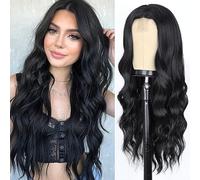 WERD Long Black Wavy Wigs for Women Black Curly Wig with Middle Part Synthetic 26 Inch Natural Looking Black Wig for Daily Party Use